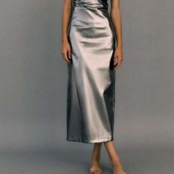 NEW Zara Women's METALLIC STRAPLESS LONG DRESS Silver - Picture 13 of 14